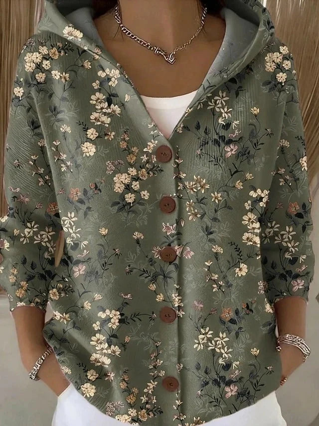 Hooded Print Button Cardigan in Olive Floral