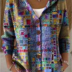 Hooded Print Button Cardigan in Purple Patchwork