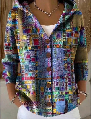 Hooded Print Button Cardigan in Purple Patchwork