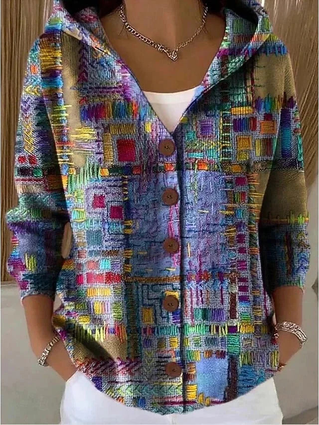 Hooded Print Button Cardigan in Purple Patchwork