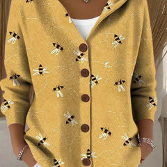 Hooded Print Button Cardigan in Mustard Bee Print