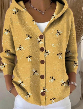 Hooded Print Button Cardigan in Mustard Bee Print