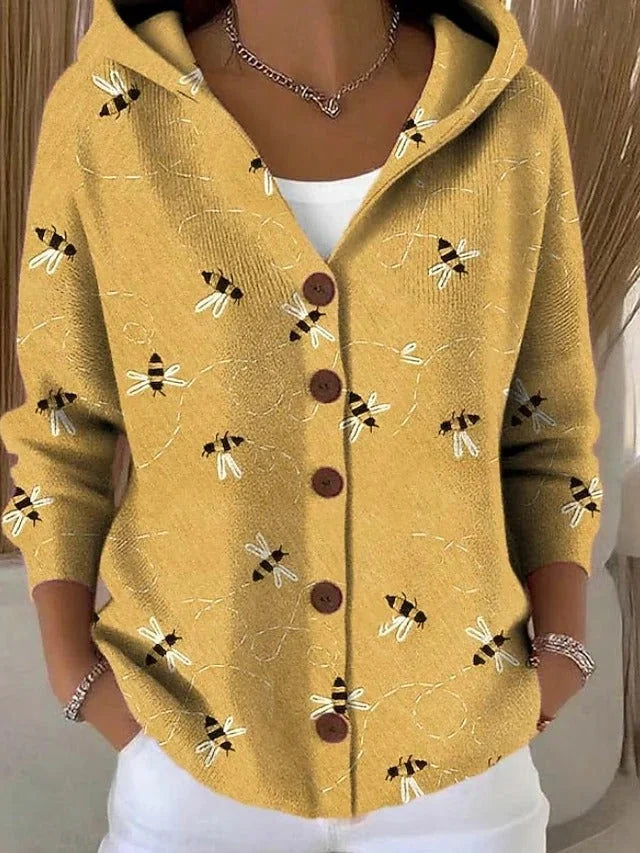 Hooded Print Button Cardigan in Mustard Bee Print