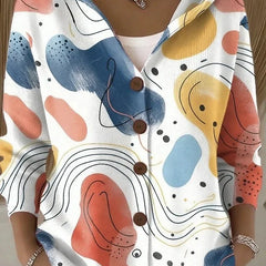 Hooded Print Button Cardigan in Beige Abstract