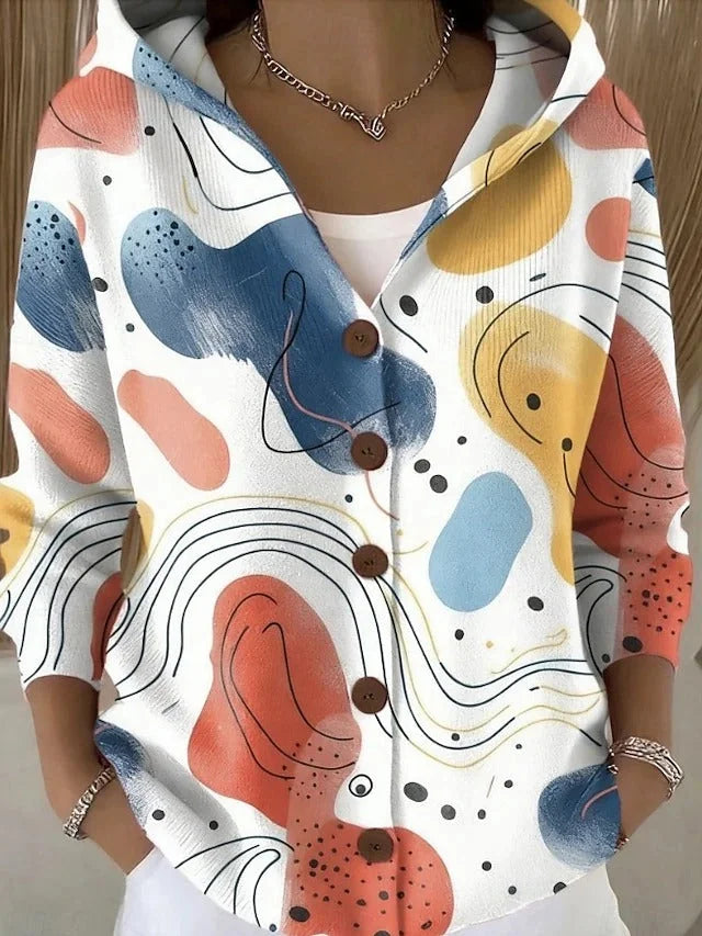 Hooded Print Button Cardigan in Beige Abstract