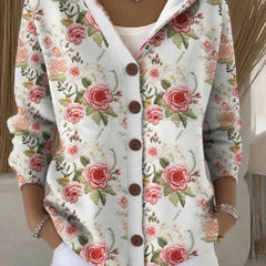 Hooded Print Button Cardigan in White Floral