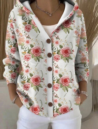 Hooded Print Button Cardigan in White Floral
