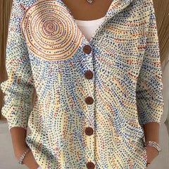 Hooded Print Button Cardigan in Light Yellow Dots