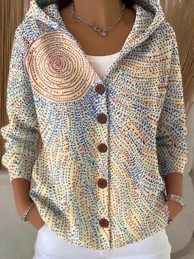 Hooded Print Button Cardigan in Light Yellow Dots