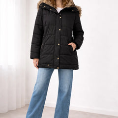 Celine Faux Fur-Trim Hooded Puffer in Black