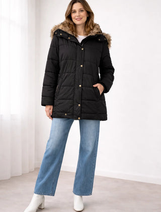 Celine Faux Fur-Trim Hooded Puffer in Black