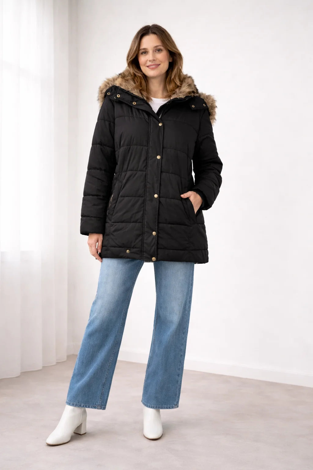Celine Faux Fur-Trim Hooded Puffer in Black