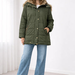 Celine Faux Fur-Trim Hooded Puffer in Green