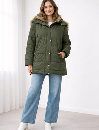 Celine Faux Fur-Trim Hooded Puffer in Green