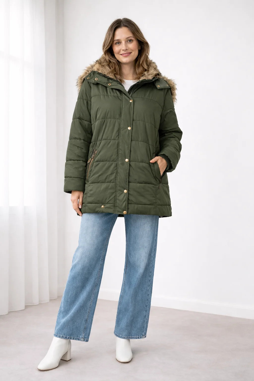 Celine Faux Fur-Trim Hooded Puffer in Green