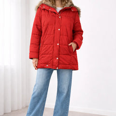 Celine Faux Fur-Trim Hooded Puffer in Red