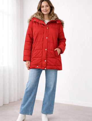Celine Faux Fur-Trim Hooded Puffer in Red