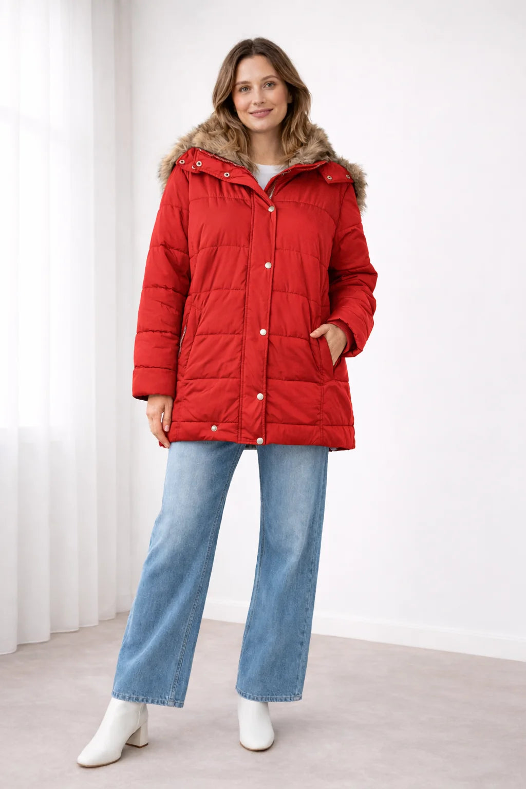 Celine Faux Fur-Trim Hooded Puffer in Red