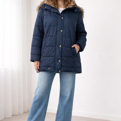 Celine Faux Fur-Trim Hooded Puffer in Blue