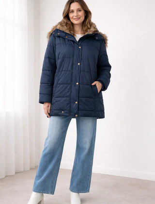 Celine Faux Fur-Trim Hooded Puffer in Blue
