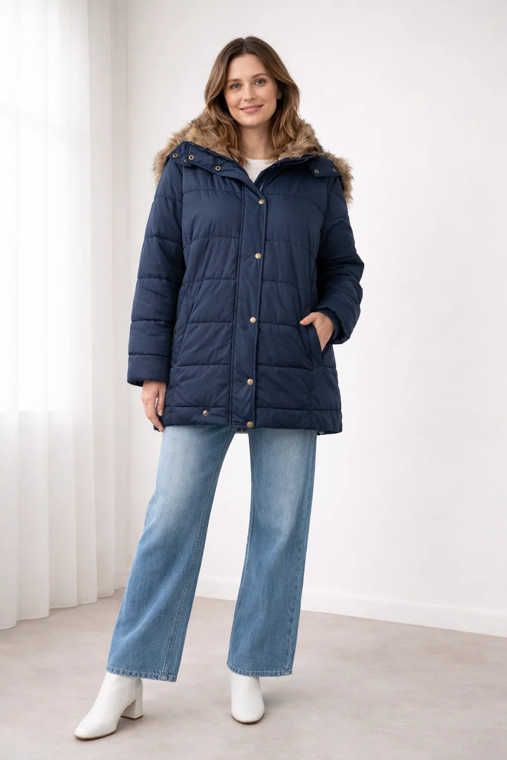 Celine Faux Fur-Trim Hooded Puffer in Blue