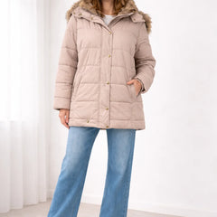 Celine Faux Fur-Trim Hooded Puffer in Pink