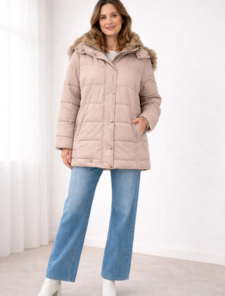 Celine Faux Fur-Trim Hooded Puffer in Pink