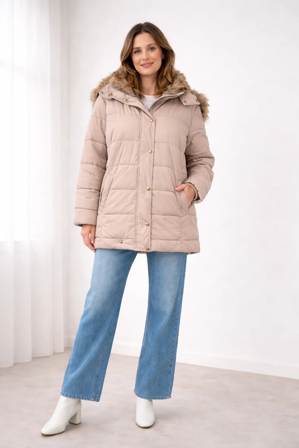 Celine Faux Fur-Trim Hooded Puffer in Pink