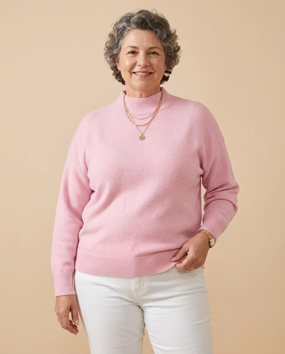 Mock Neck Sweater worn by a woman with curves
