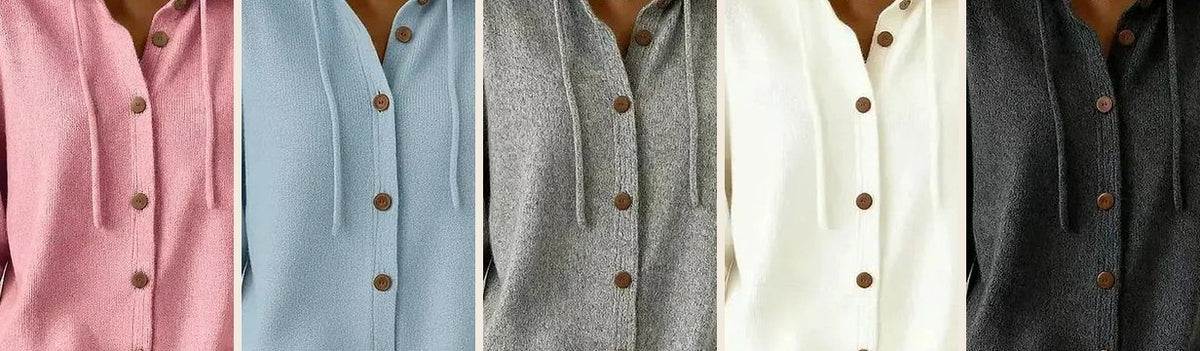 The Gillian hooded cardigan in pink, light blue, gray, cream and black