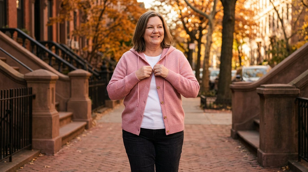 Woman with curves buttoning the pink Gillian hooded cardigan on an autumn Brooklyn street