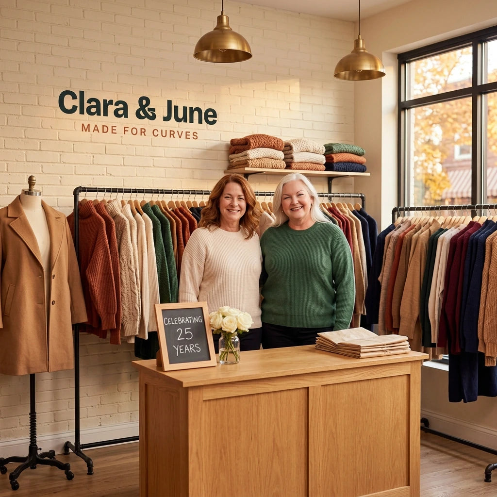 Clara and June behind the counter of their boutique, celebrating 25 years