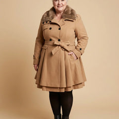 Faux-Fur Collar Belted Peplum Coat worn by a woman with curves