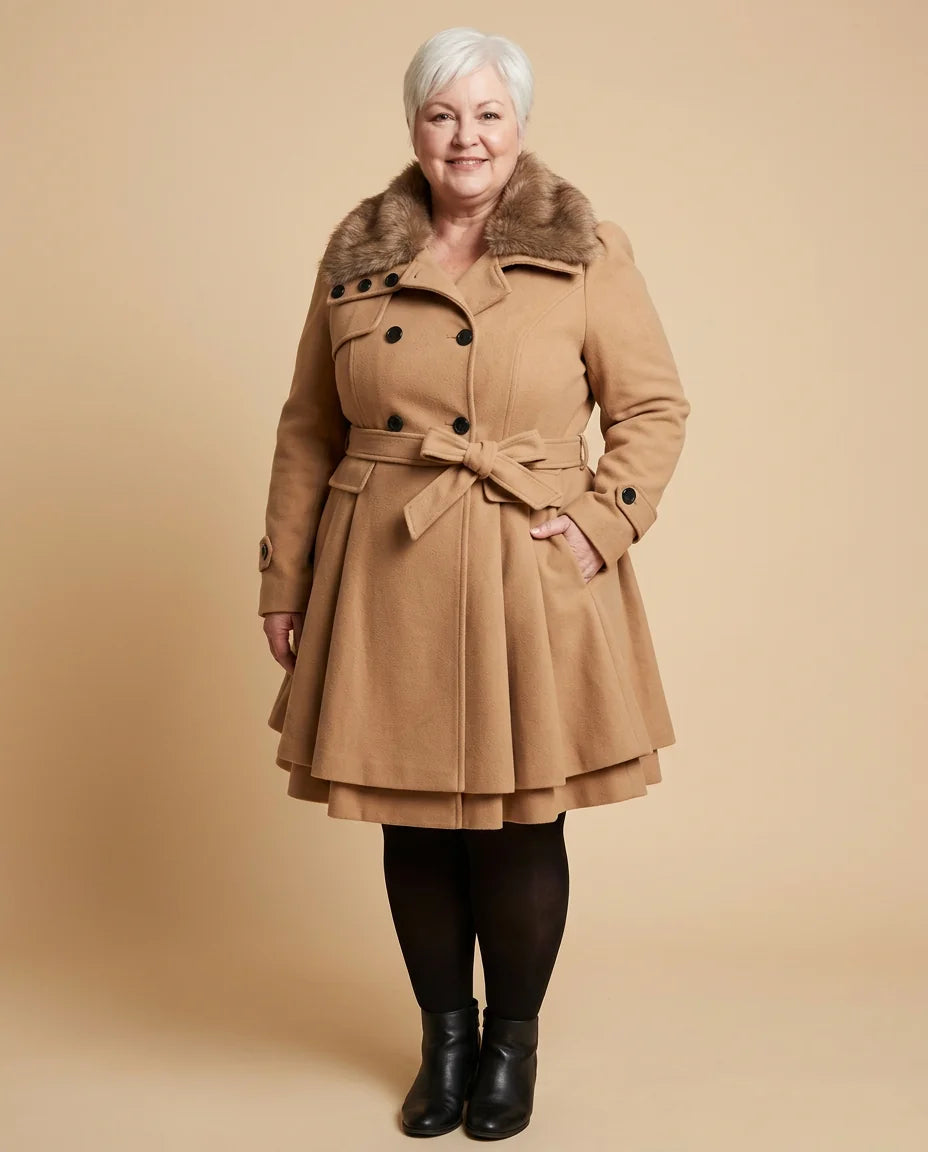 Faux-Fur Collar Belted Peplum Coat worn by a woman with curves