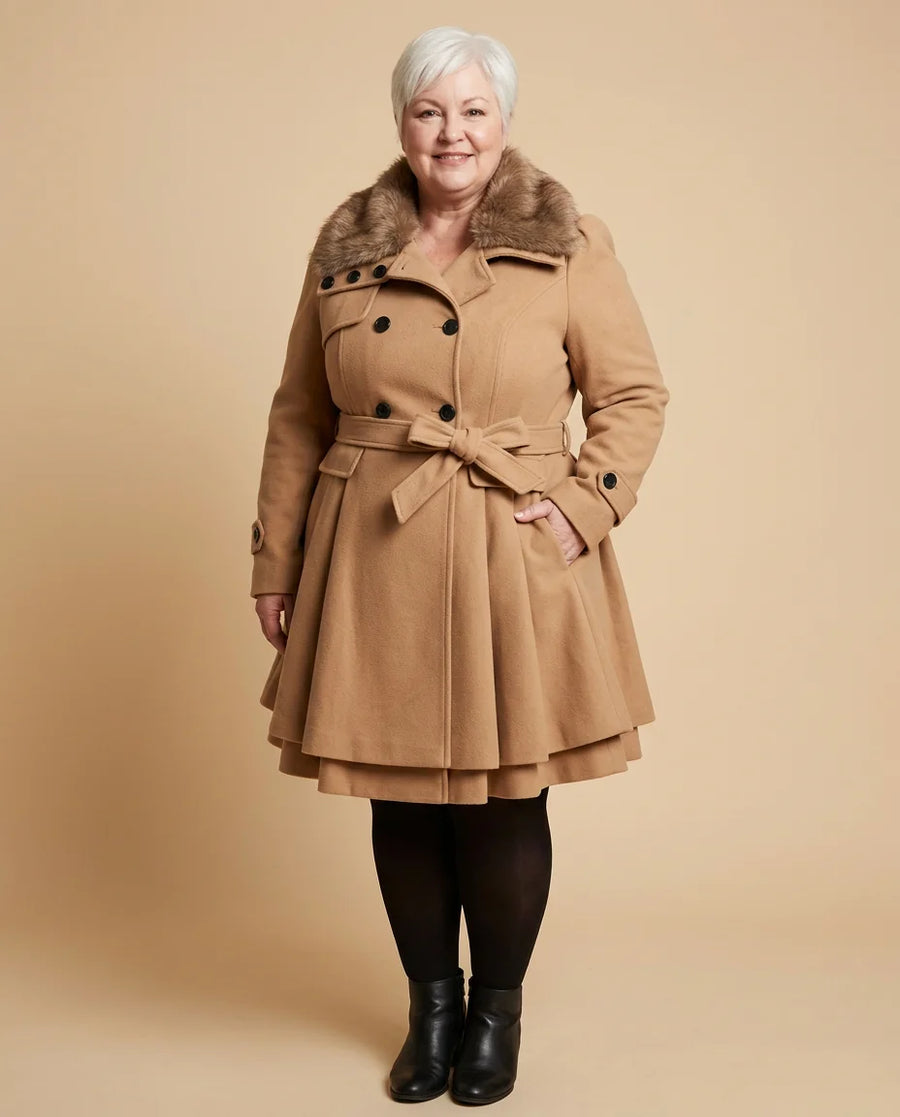 Faux-Fur Collar Belted Peplum Coat worn by a woman with curves
