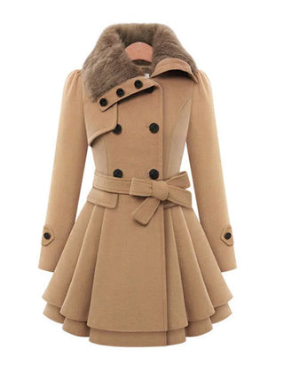 Faux-Fur Collar Belted Peplum Coat in Camel