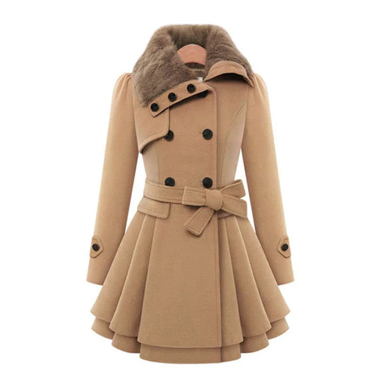 Faux-Fur Collar Belted Peplum Coat in Camel