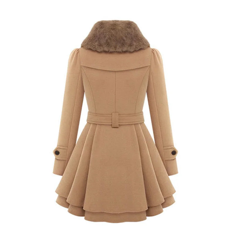 Faux-Fur Collar Belted Peplum Coat in Camel