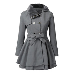 Faux-Fur Collar Belted Peplum Coat in Gray