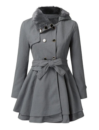 Faux-Fur Collar Belted Peplum Coat in Gray