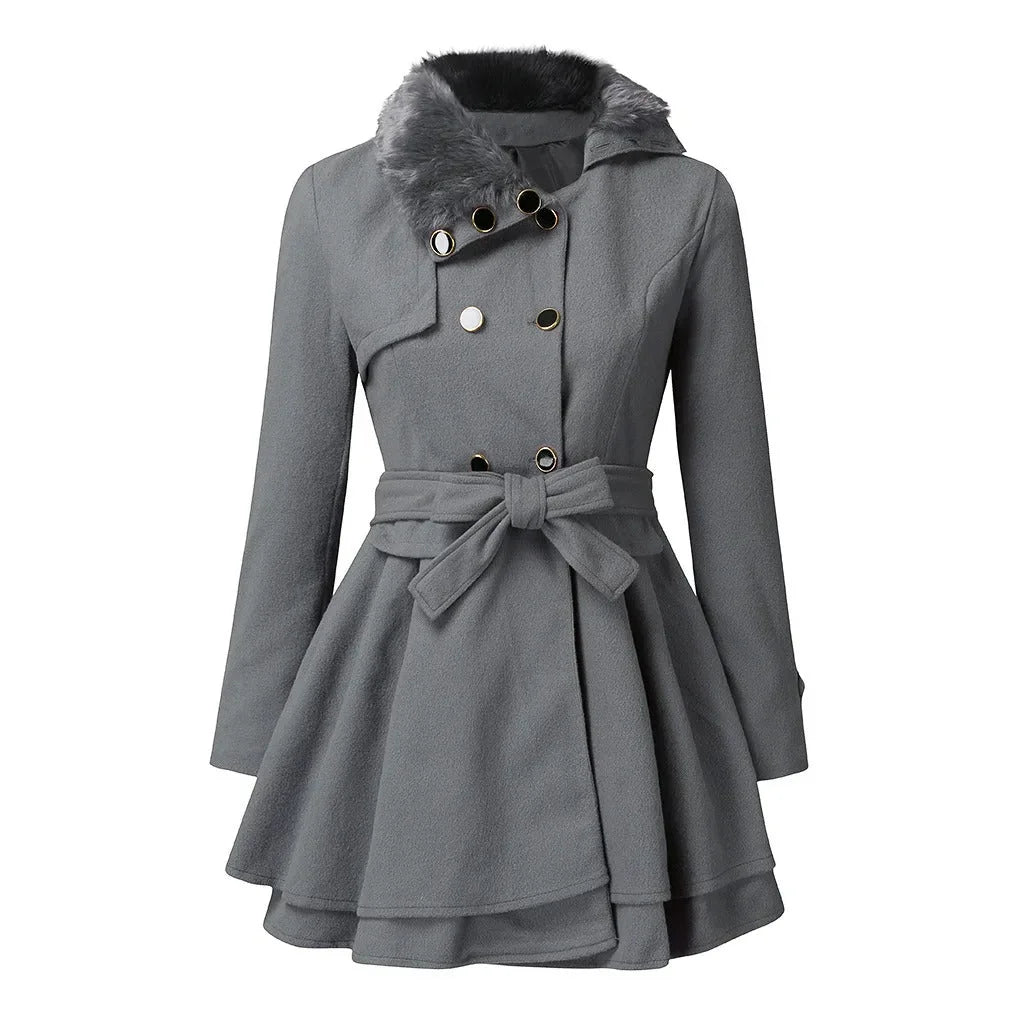 Faux-Fur Collar Belted Peplum Coat in Gray