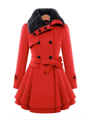 Faux-Fur Collar Belted Peplum Coat in Red