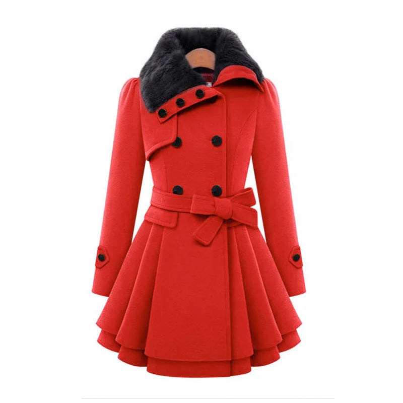 Faux-Fur Collar Belted Peplum Coat in Red