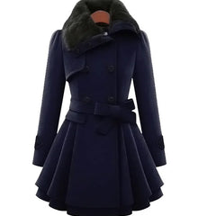 Faux-Fur Collar Belted Peplum Coat in Navy