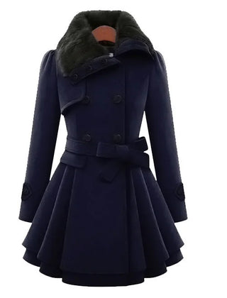 Faux-Fur Collar Belted Peplum Coat in Navy