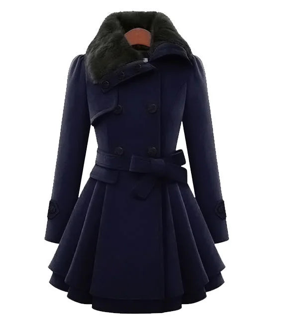 Faux-Fur Collar Belted Peplum Coat in Navy