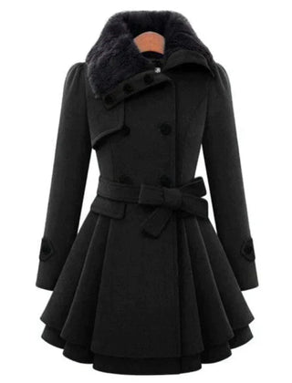 Faux-Fur Collar Belted Peplum Coat in Black