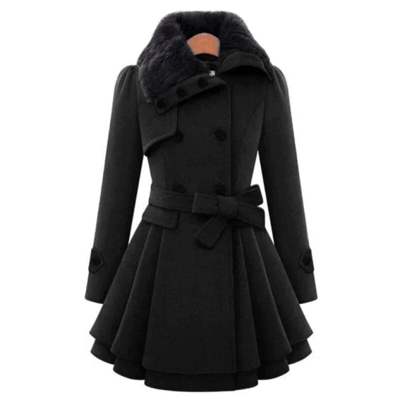 Faux-Fur Collar Belted Peplum Coat in Black