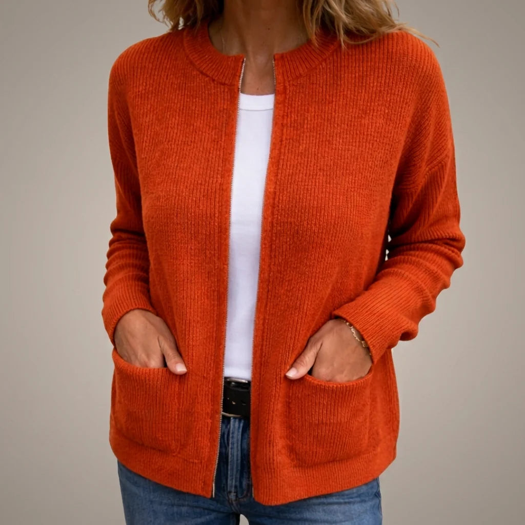 Colette Zip-Up Cardigan with Pockets in Orange