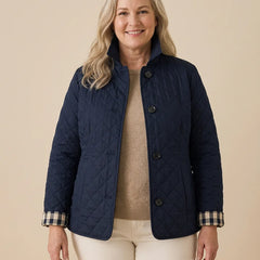 Diamond Quilted Button Jacket worn by a woman with curves
